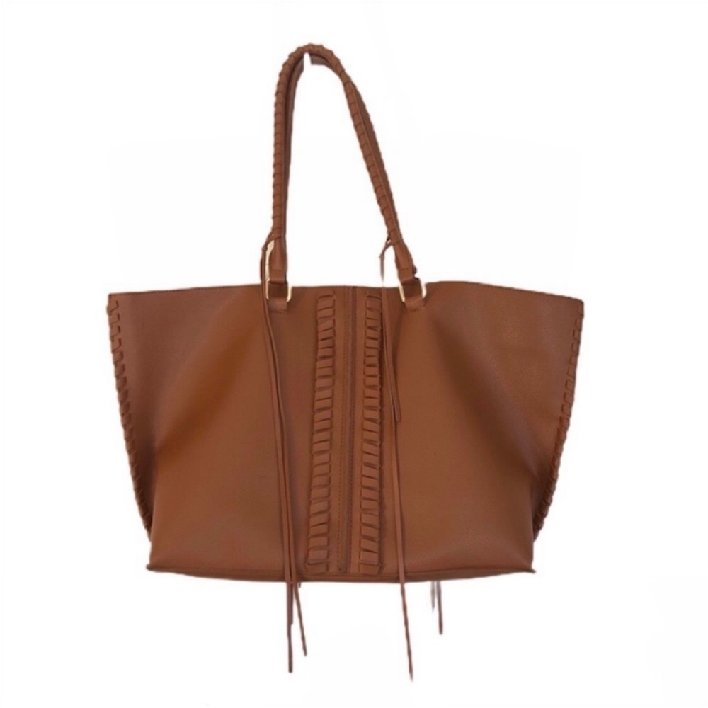 Lionel Cognac Brown Western Boho Tote Bag Whipstitch Trim & Fringe Accents Purse
